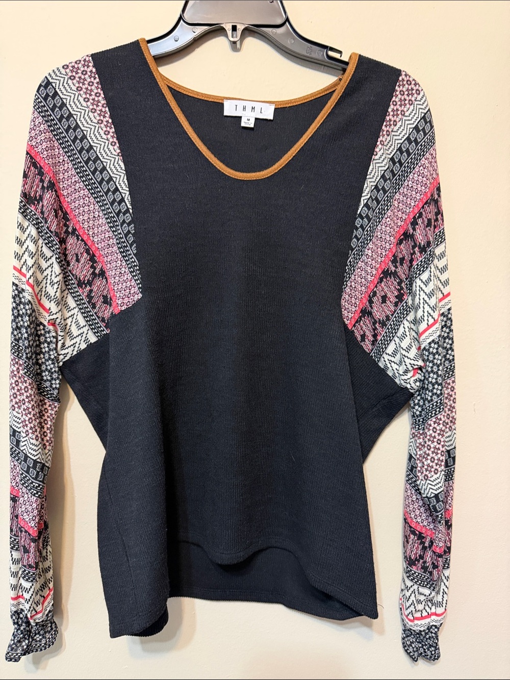 THML Black Knit Pullover with Pink & Cream Patterned Sleeves